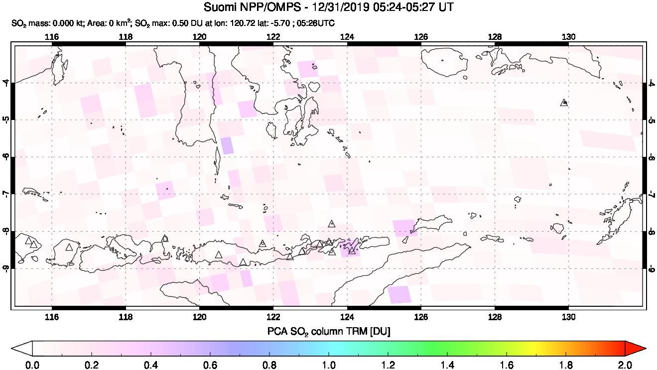A sulfur dioxide image over Lesser Sunda Islands, Indonesia on Dec 31, 2019.