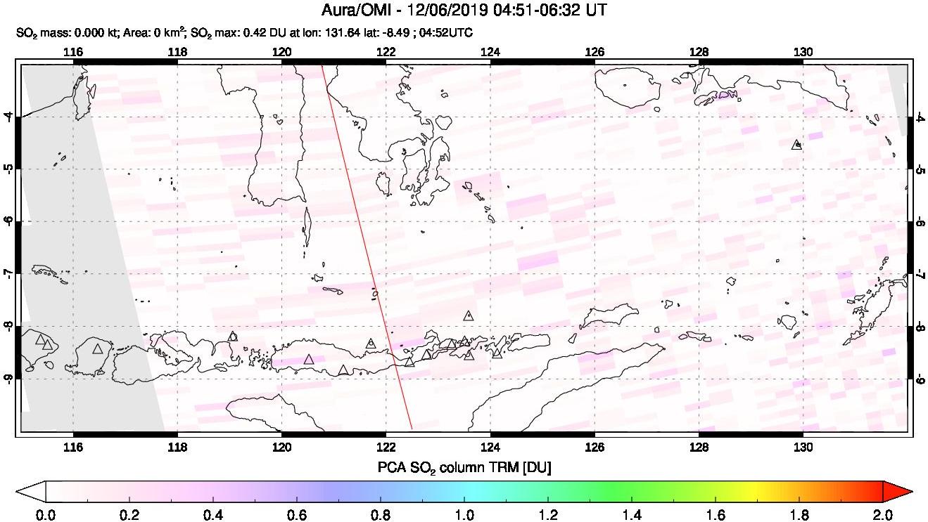 A sulfur dioxide image over Lesser Sunda Islands, Indonesia on Dec 06, 2019.