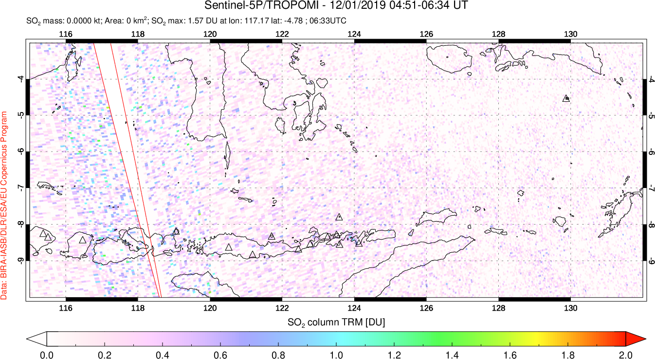 A sulfur dioxide image over Lesser Sunda Islands, Indonesia on Dec 01, 2019.
