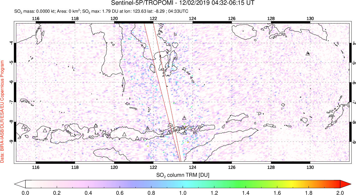 A sulfur dioxide image over Lesser Sunda Islands, Indonesia on Dec 02, 2019.