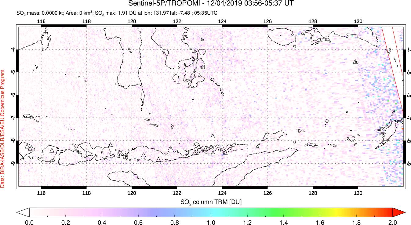 A sulfur dioxide image over Lesser Sunda Islands, Indonesia on Dec 04, 2019.