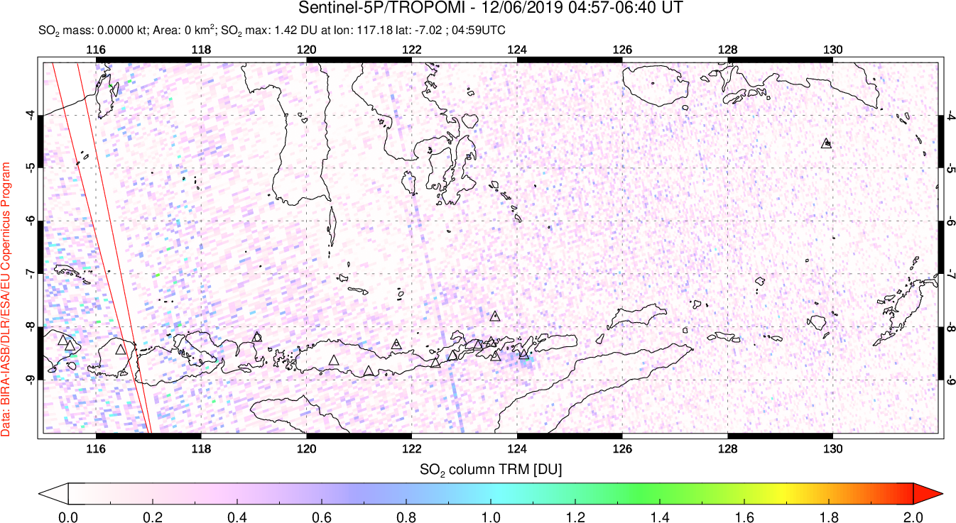 A sulfur dioxide image over Lesser Sunda Islands, Indonesia on Dec 06, 2019.
