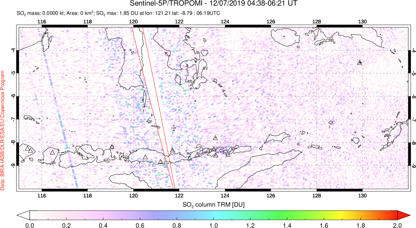 A sulfur dioxide image over Lesser Sunda Islands, Indonesia on Dec 07, 2019.