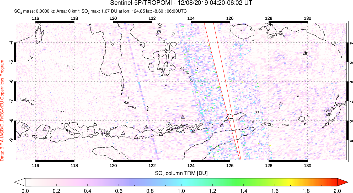 A sulfur dioxide image over Lesser Sunda Islands, Indonesia on Dec 08, 2019.