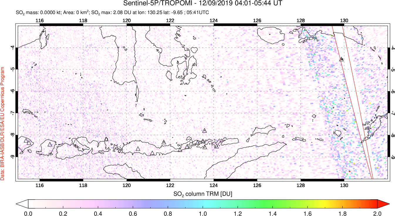 A sulfur dioxide image over Lesser Sunda Islands, Indonesia on Dec 09, 2019.