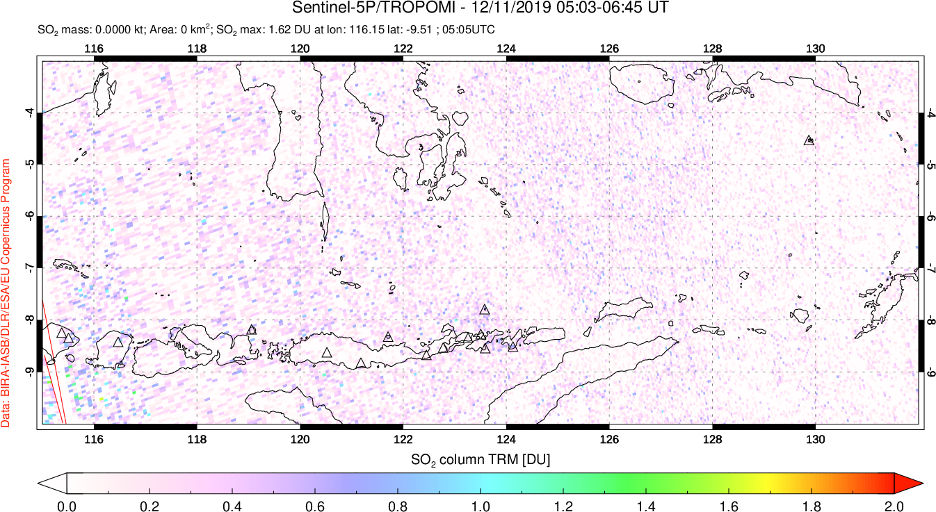 A sulfur dioxide image over Lesser Sunda Islands, Indonesia on Dec 11, 2019.