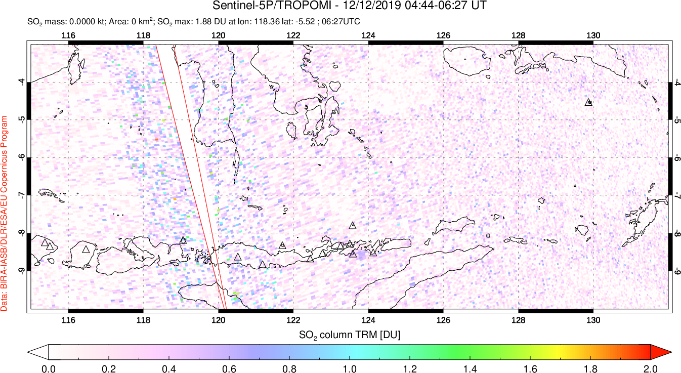 A sulfur dioxide image over Lesser Sunda Islands, Indonesia on Dec 12, 2019.