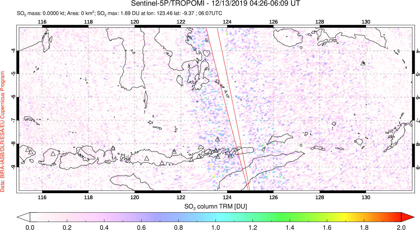 A sulfur dioxide image over Lesser Sunda Islands, Indonesia on Dec 13, 2019.