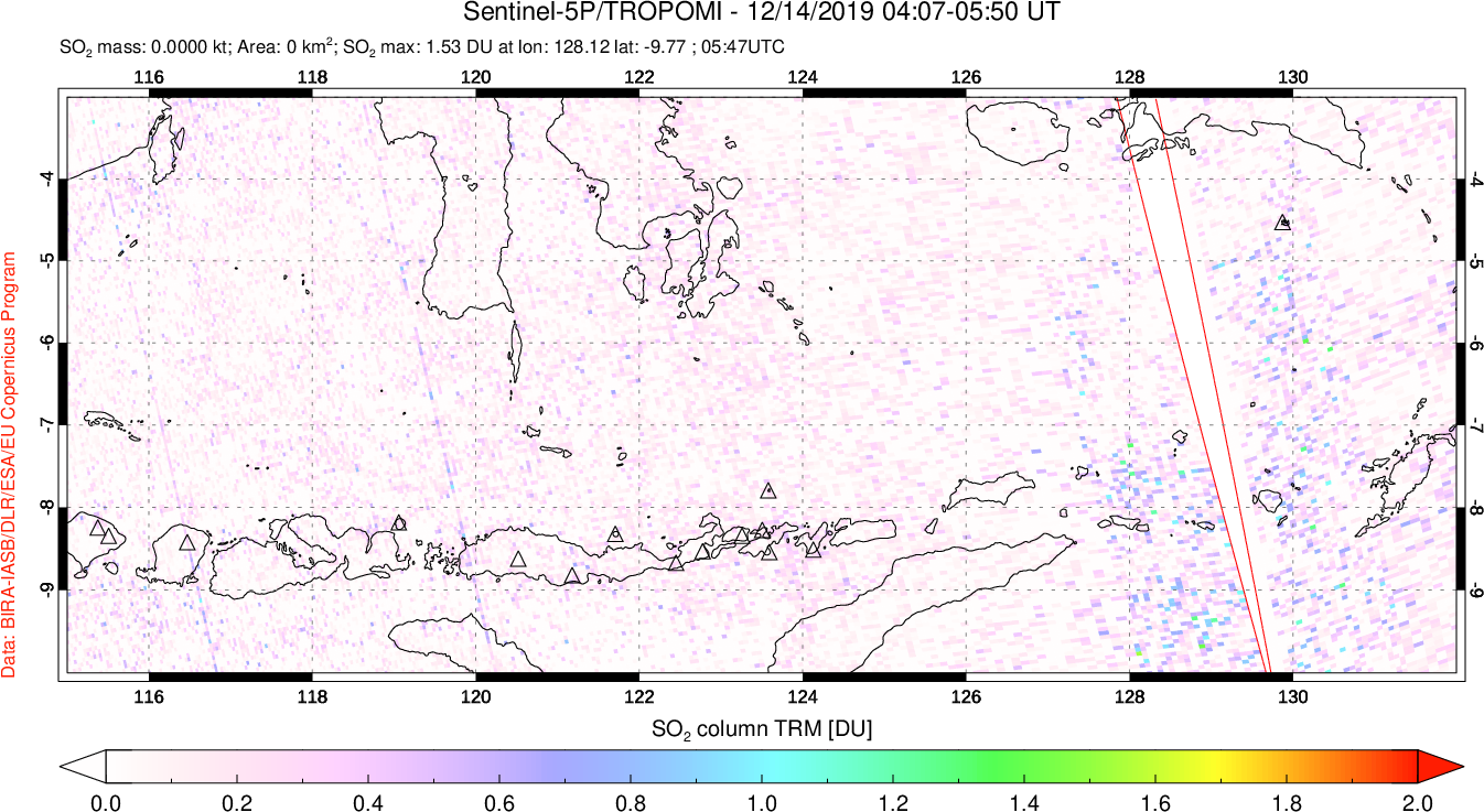 A sulfur dioxide image over Lesser Sunda Islands, Indonesia on Dec 14, 2019.