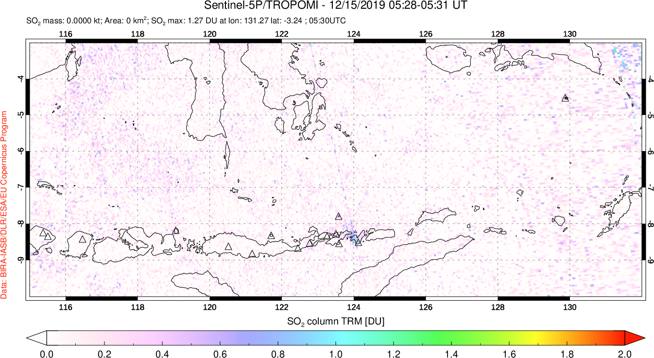 A sulfur dioxide image over Lesser Sunda Islands, Indonesia on Dec 15, 2019.