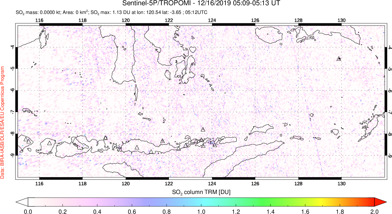 A sulfur dioxide image over Lesser Sunda Islands, Indonesia on Dec 16, 2019.