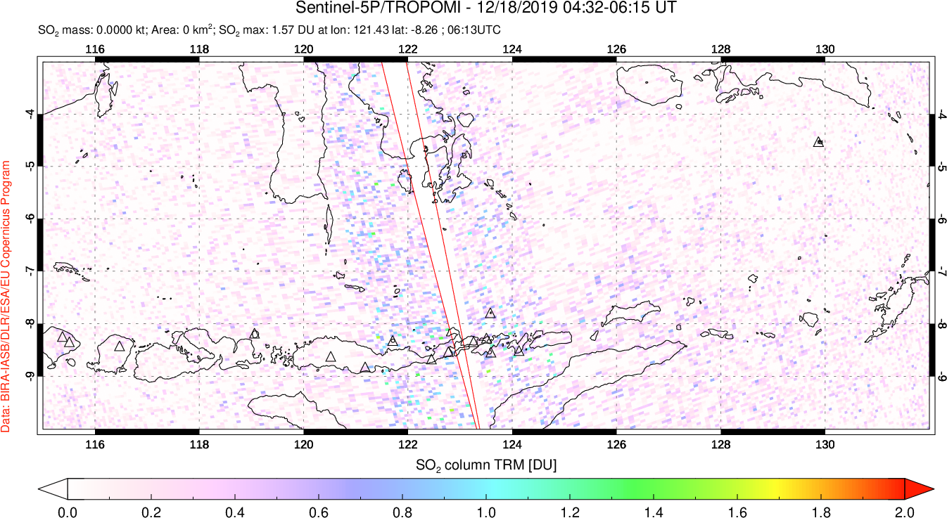 A sulfur dioxide image over Lesser Sunda Islands, Indonesia on Dec 18, 2019.