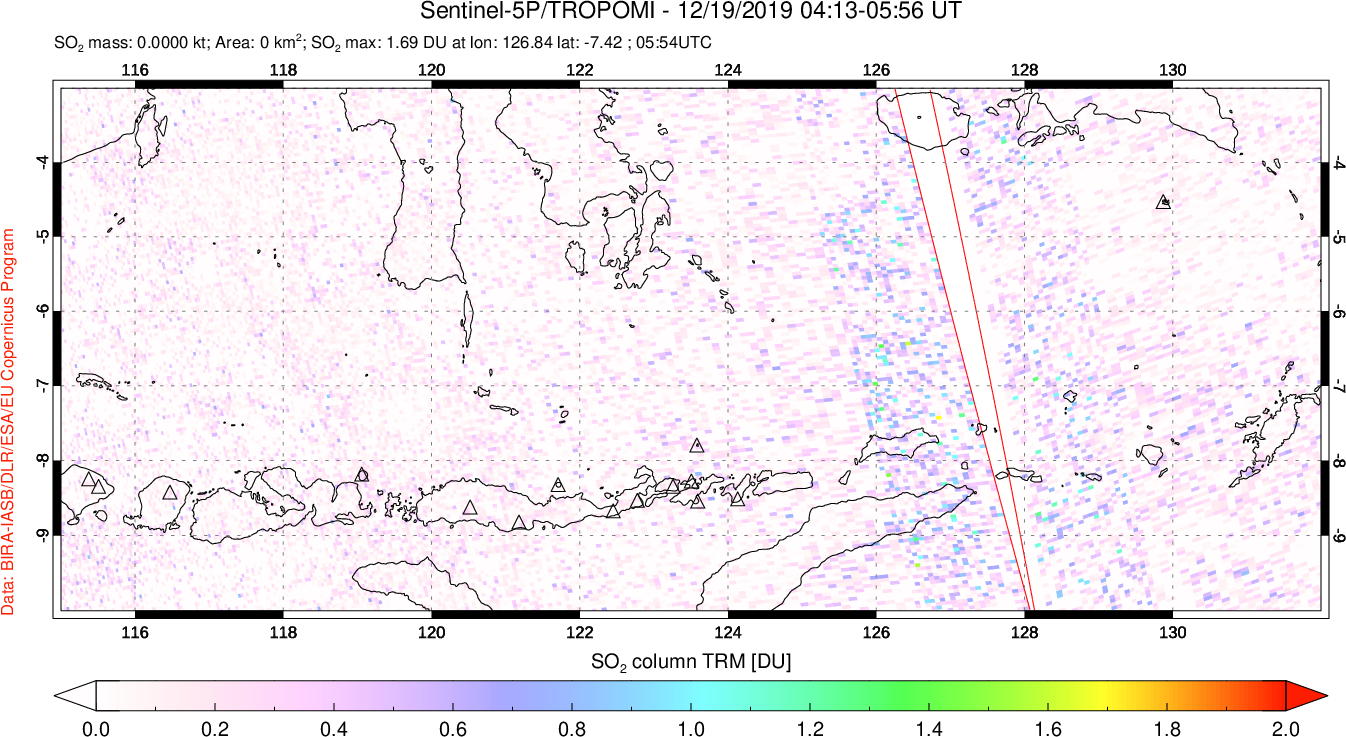 A sulfur dioxide image over Lesser Sunda Islands, Indonesia on Dec 19, 2019.