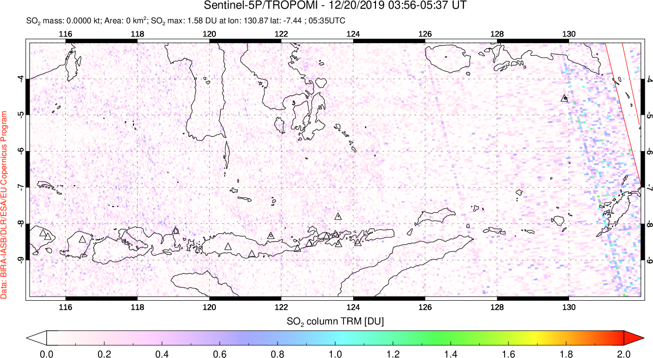 A sulfur dioxide image over Lesser Sunda Islands, Indonesia on Dec 20, 2019.