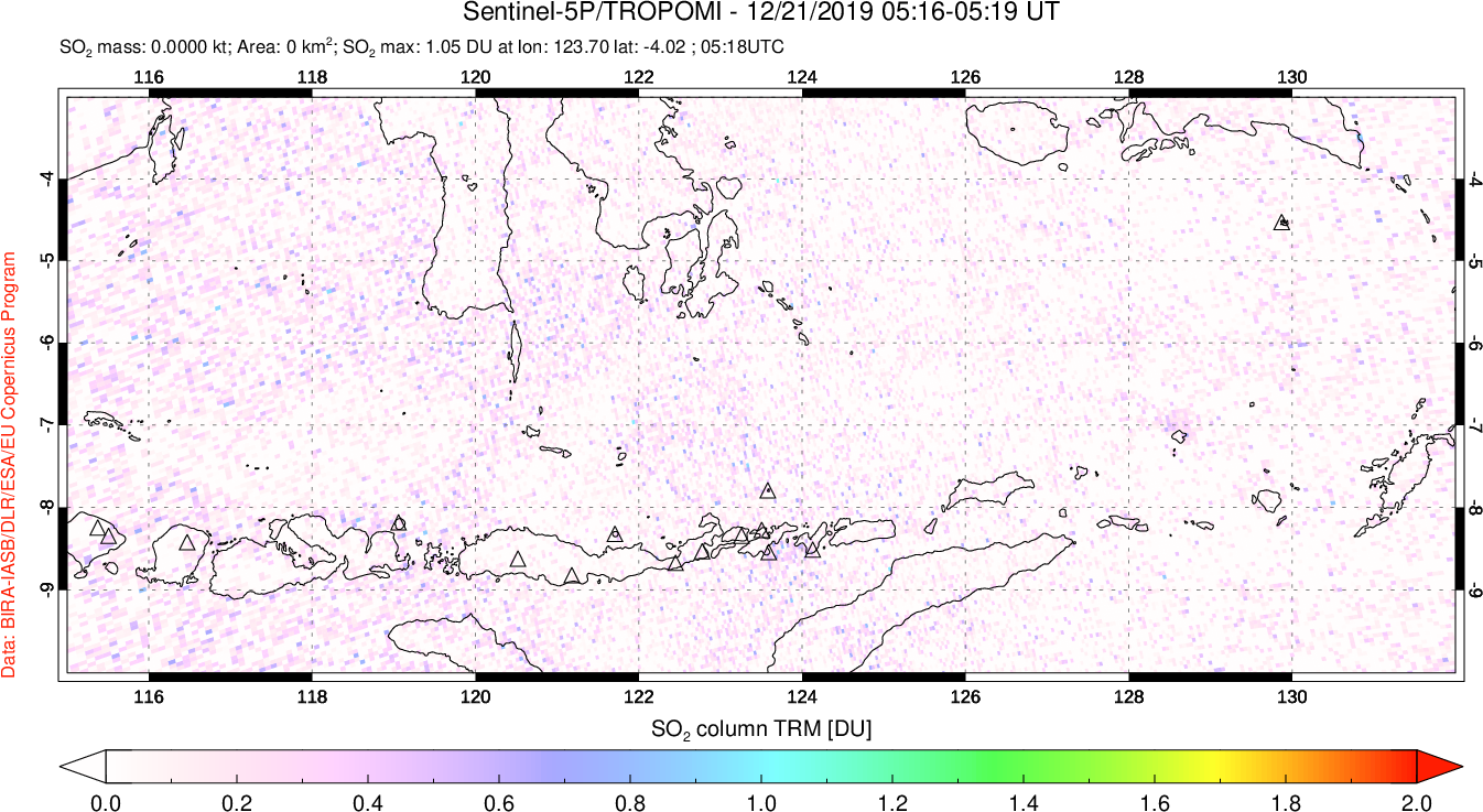 A sulfur dioxide image over Lesser Sunda Islands, Indonesia on Dec 21, 2019.