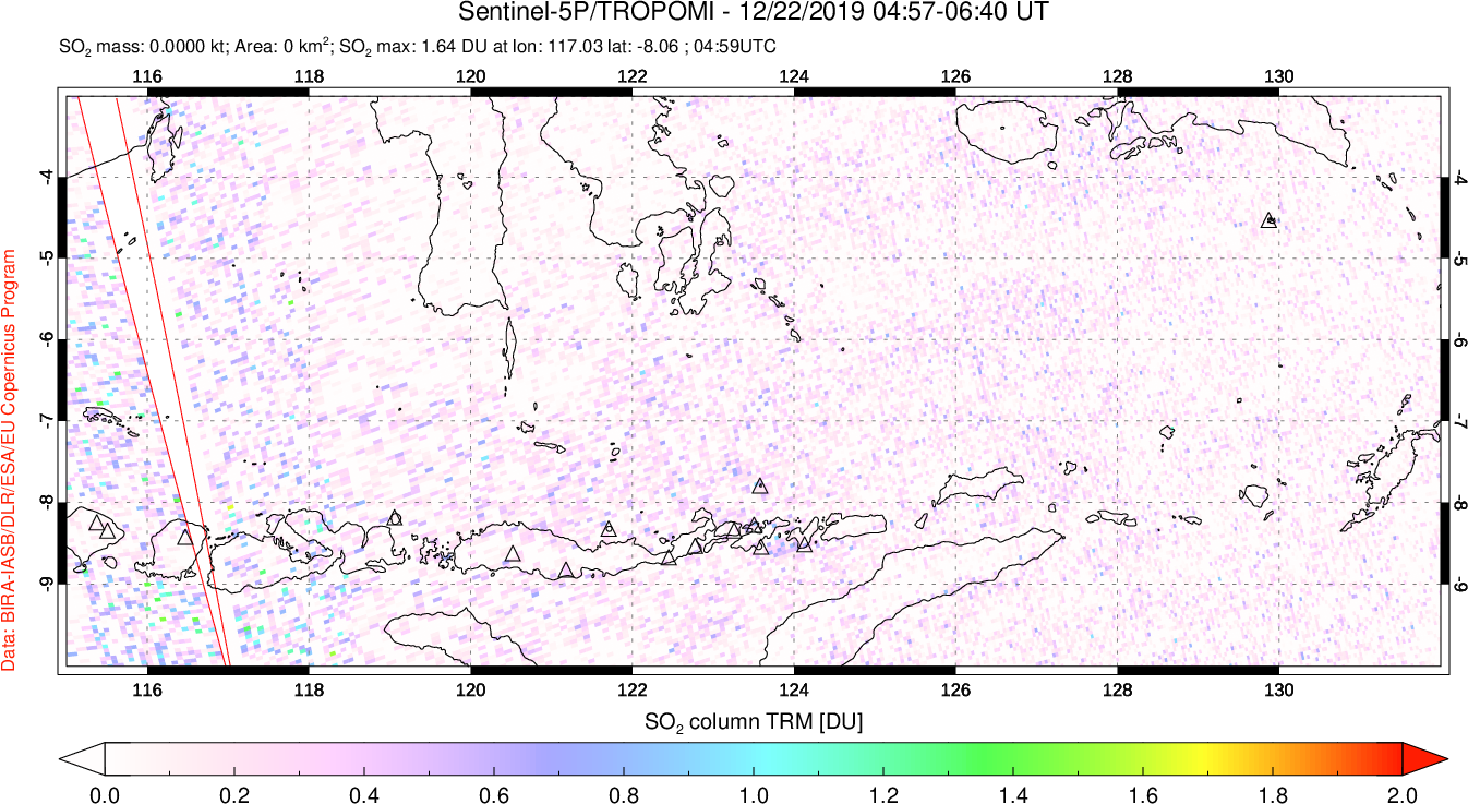 A sulfur dioxide image over Lesser Sunda Islands, Indonesia on Dec 22, 2019.