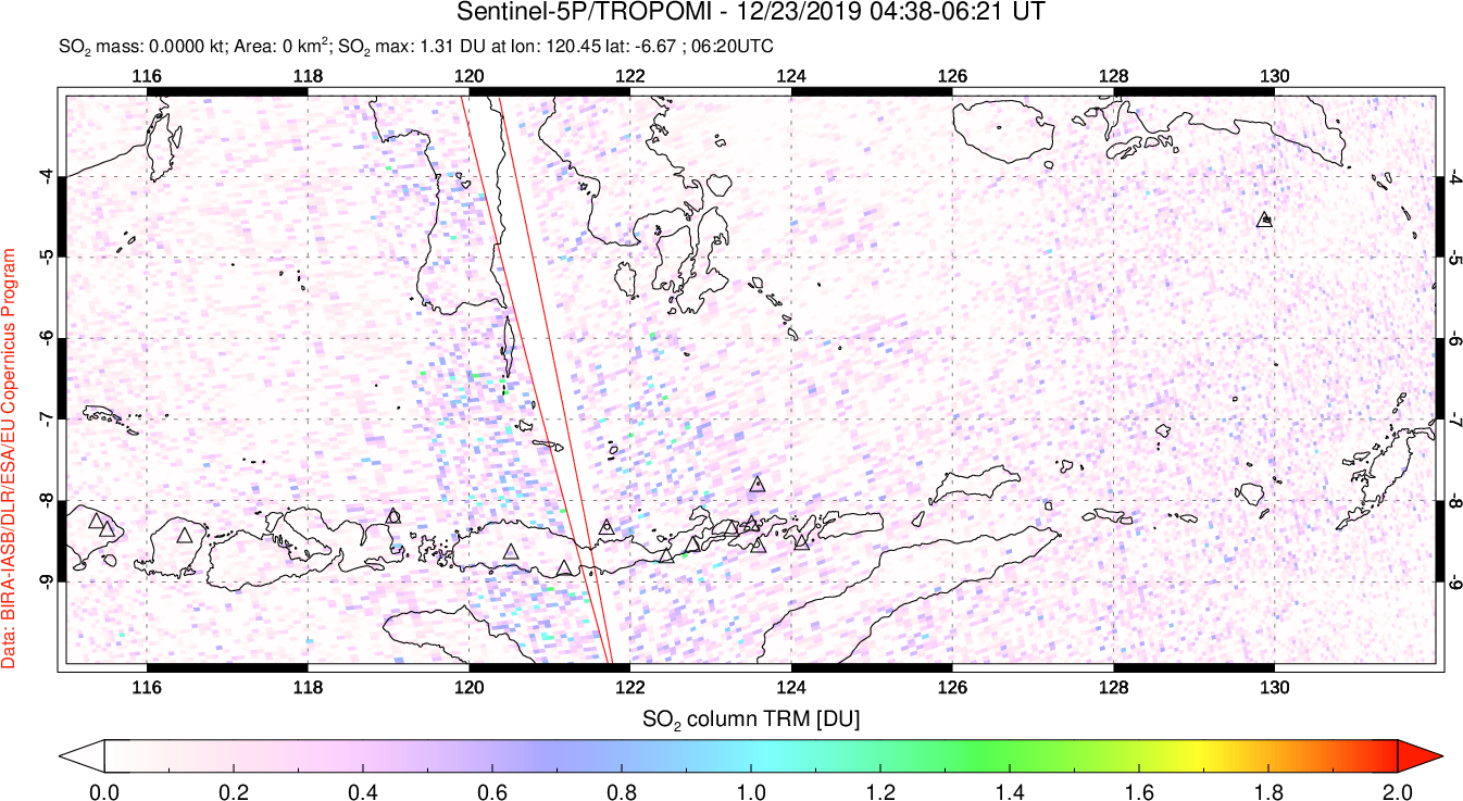 A sulfur dioxide image over Lesser Sunda Islands, Indonesia on Dec 23, 2019.