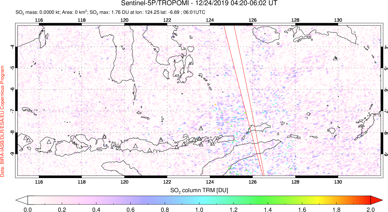 A sulfur dioxide image over Lesser Sunda Islands, Indonesia on Dec 24, 2019.