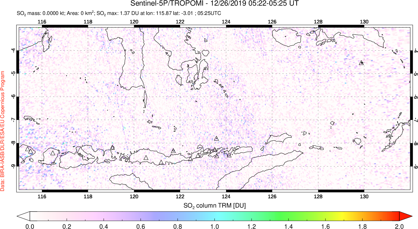 A sulfur dioxide image over Lesser Sunda Islands, Indonesia on Dec 26, 2019.