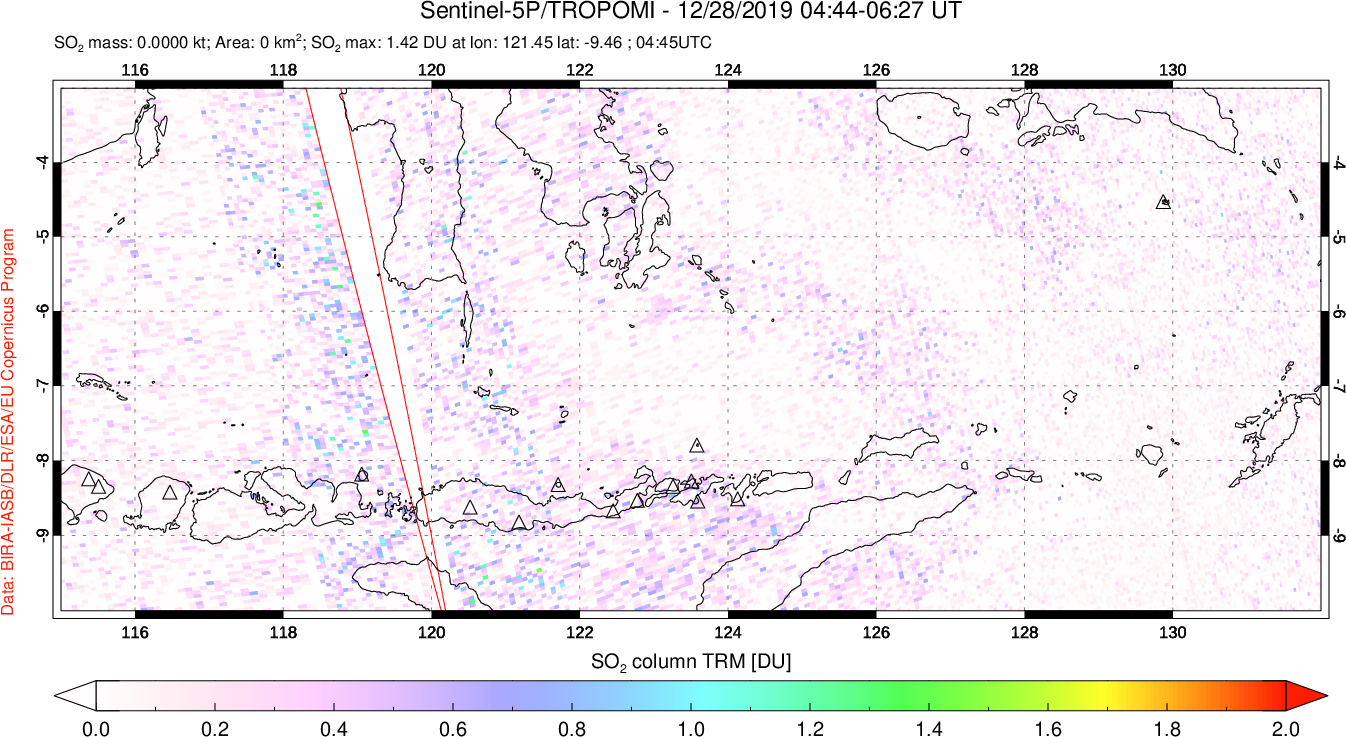 A sulfur dioxide image over Lesser Sunda Islands, Indonesia on Dec 28, 2019.