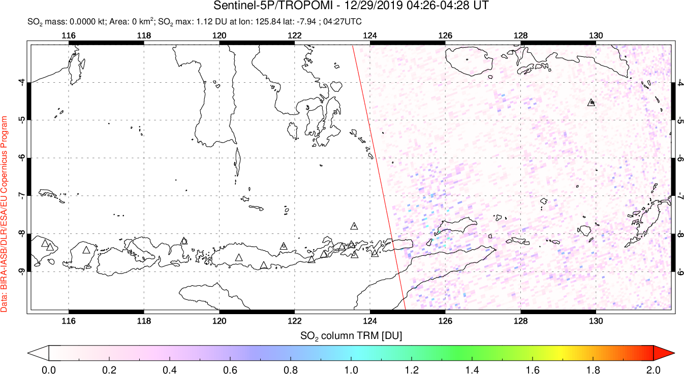 A sulfur dioxide image over Lesser Sunda Islands, Indonesia on Dec 29, 2019.