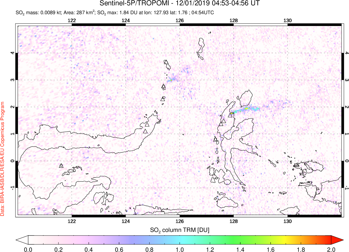 A sulfur dioxide image over Northern Sulawesi & Halmahera, Indonesia on Dec 01, 2019.