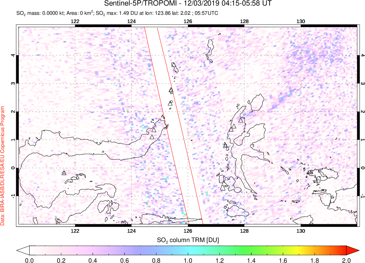 A sulfur dioxide image over Northern Sulawesi & Halmahera, Indonesia on Dec 03, 2019.