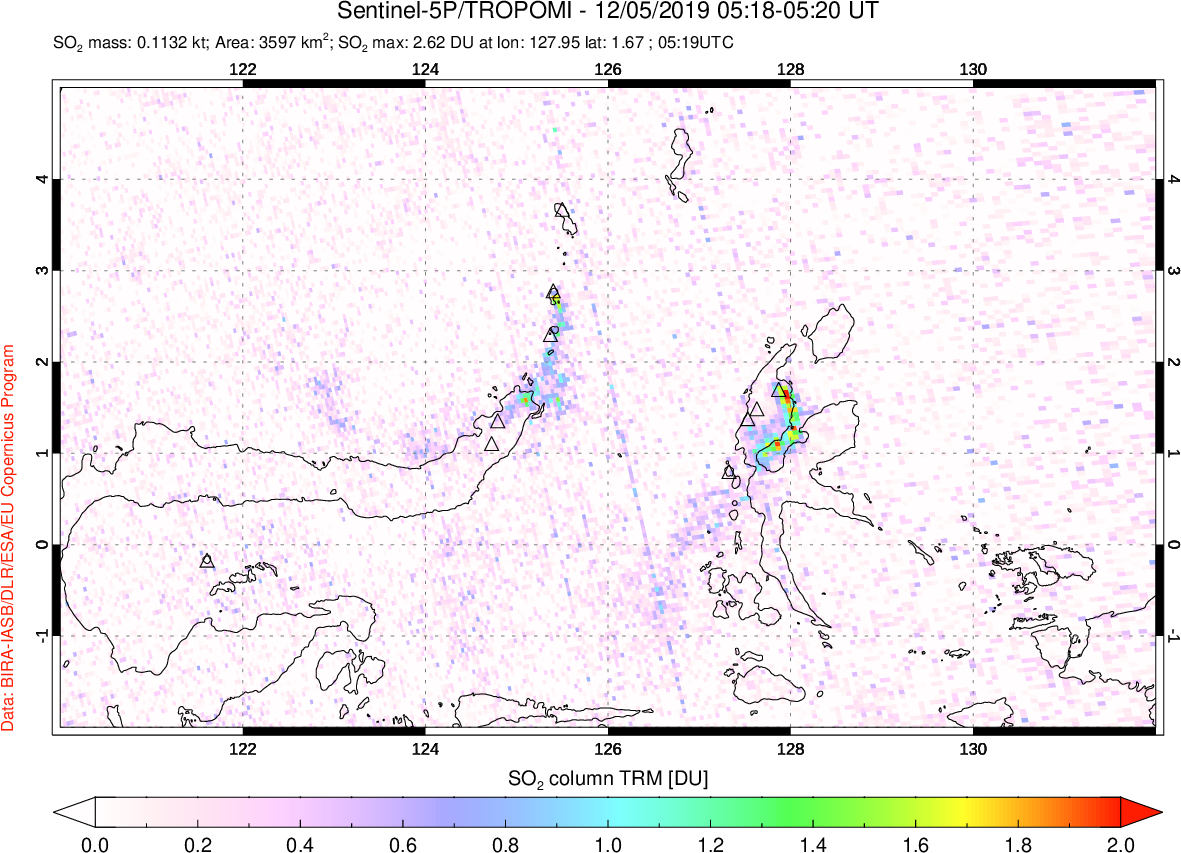 A sulfur dioxide image over Northern Sulawesi & Halmahera, Indonesia on Dec 05, 2019.
