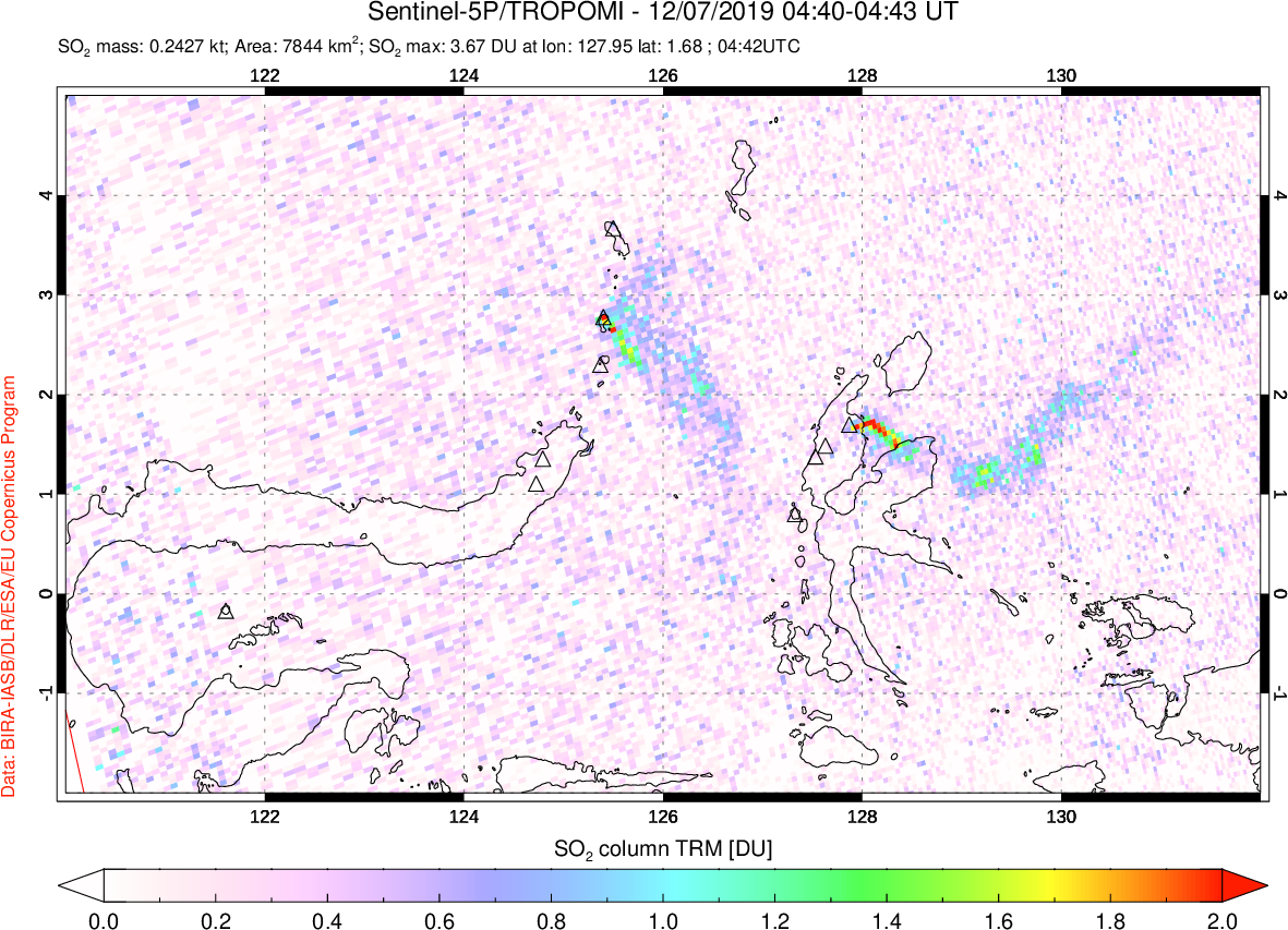 A sulfur dioxide image over Northern Sulawesi & Halmahera, Indonesia on Dec 07, 2019.