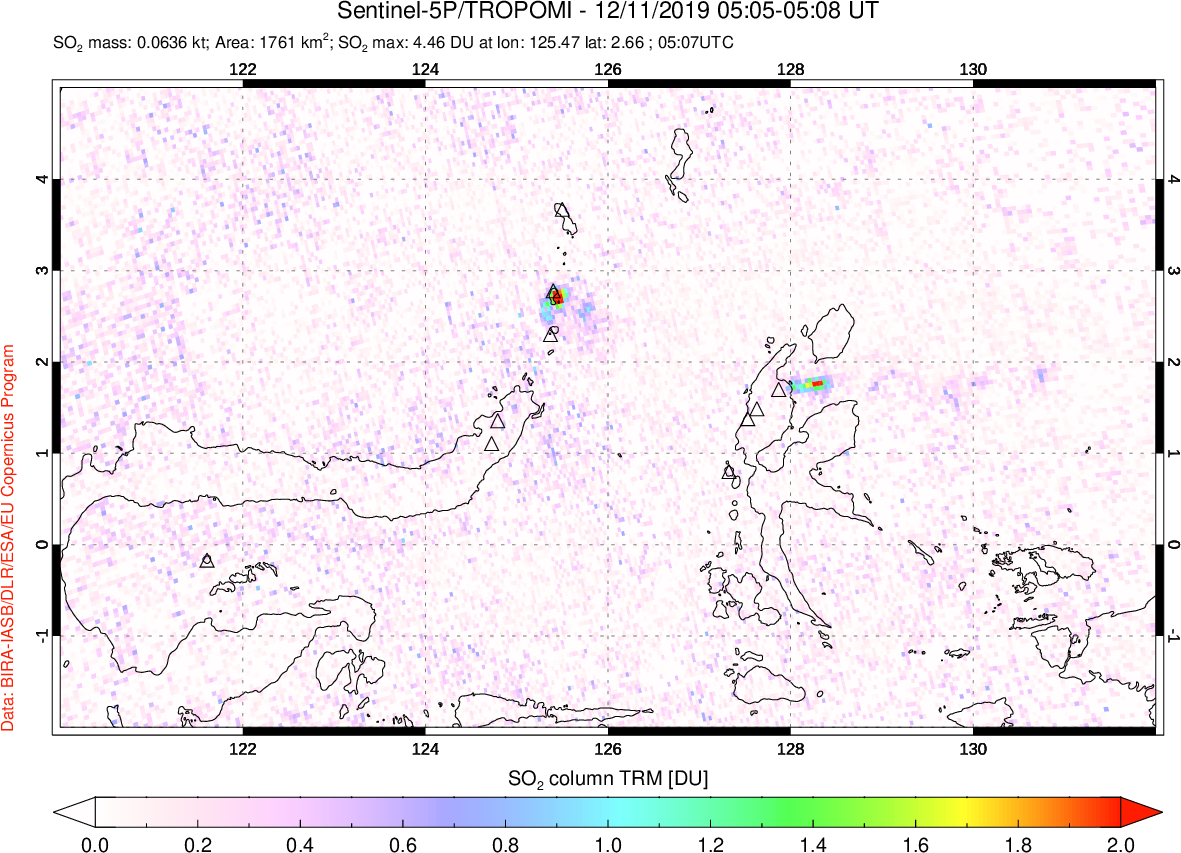 A sulfur dioxide image over Northern Sulawesi & Halmahera, Indonesia on Dec 11, 2019.