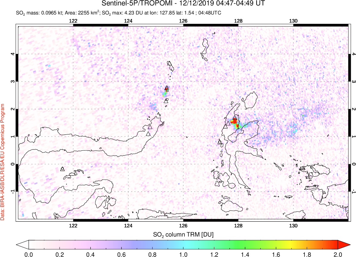 A sulfur dioxide image over Northern Sulawesi & Halmahera, Indonesia on Dec 12, 2019.