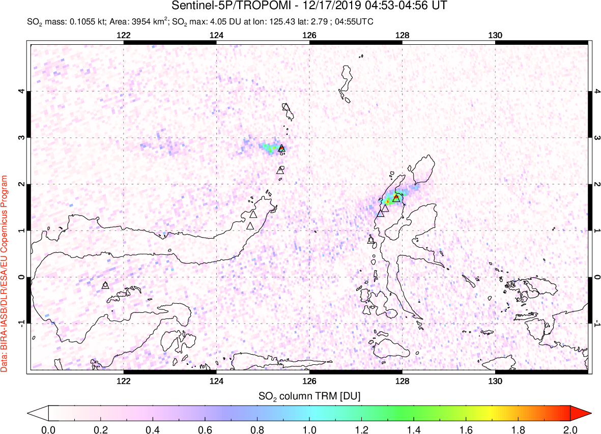 A sulfur dioxide image over Northern Sulawesi & Halmahera, Indonesia on Dec 17, 2019.