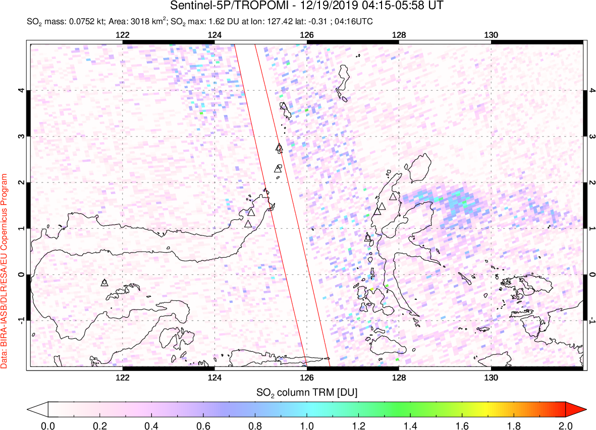 A sulfur dioxide image over Northern Sulawesi & Halmahera, Indonesia on Dec 19, 2019.