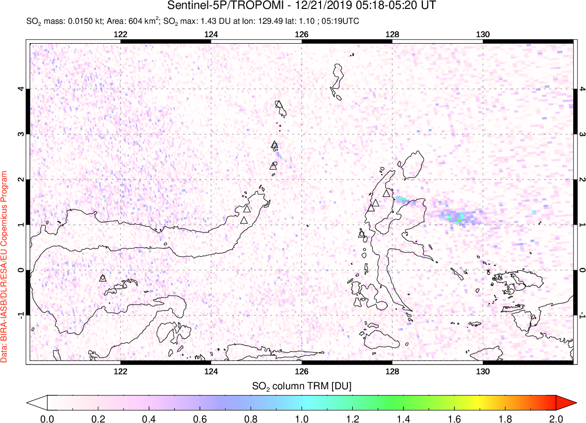 A sulfur dioxide image over Northern Sulawesi & Halmahera, Indonesia on Dec 21, 2019.