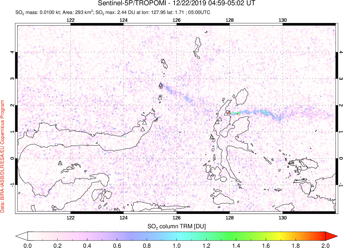 A sulfur dioxide image over Northern Sulawesi & Halmahera, Indonesia on Dec 22, 2019.