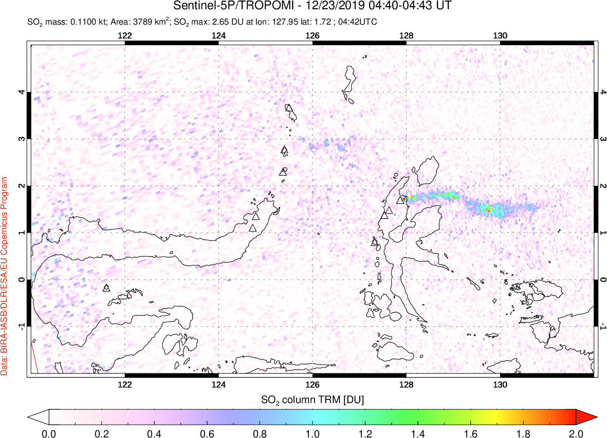 A sulfur dioxide image over Northern Sulawesi & Halmahera, Indonesia on Dec 23, 2019.