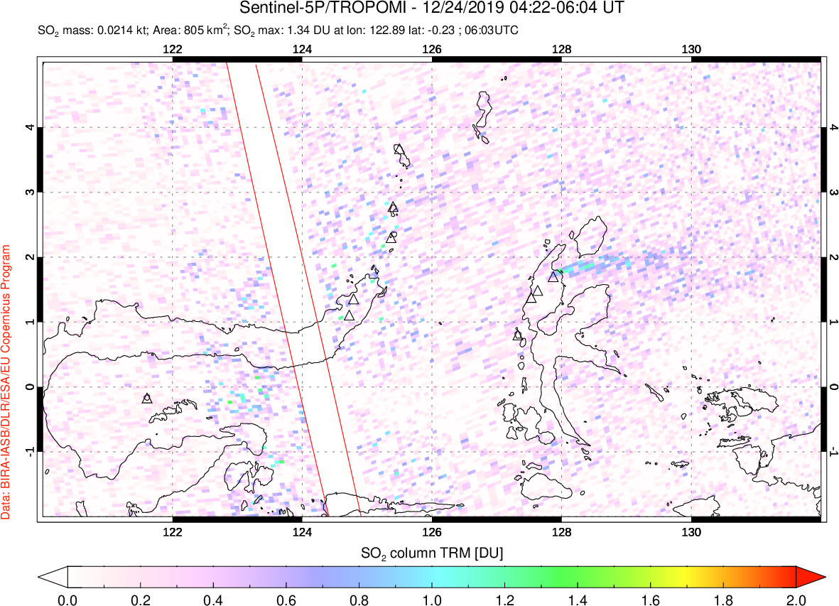 A sulfur dioxide image over Northern Sulawesi & Halmahera, Indonesia on Dec 24, 2019.