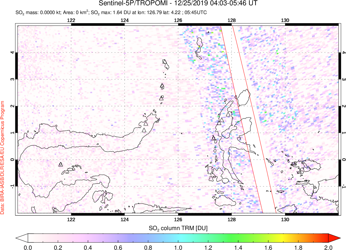 A sulfur dioxide image over Northern Sulawesi & Halmahera, Indonesia on Dec 25, 2019.