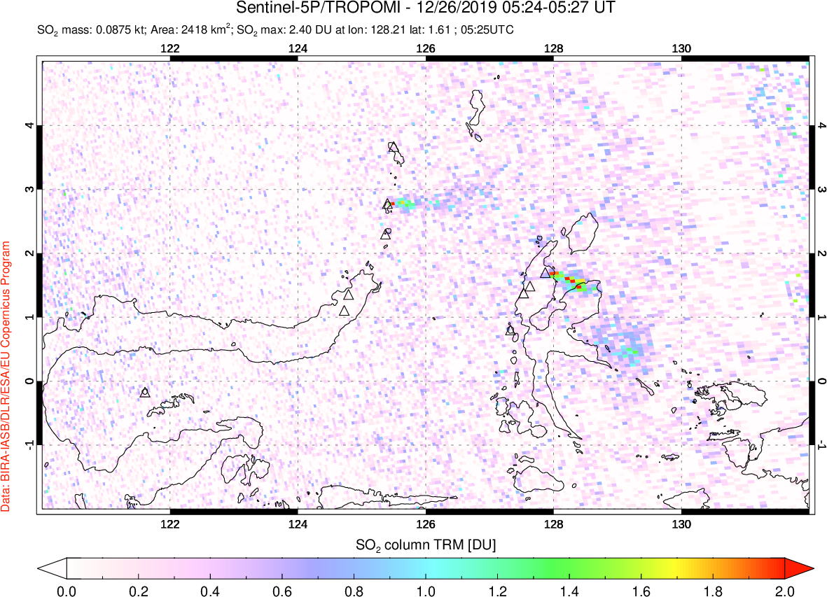 A sulfur dioxide image over Northern Sulawesi & Halmahera, Indonesia on Dec 26, 2019.