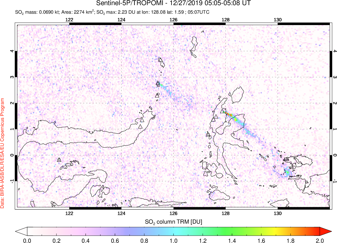 A sulfur dioxide image over Northern Sulawesi & Halmahera, Indonesia on Dec 27, 2019.
