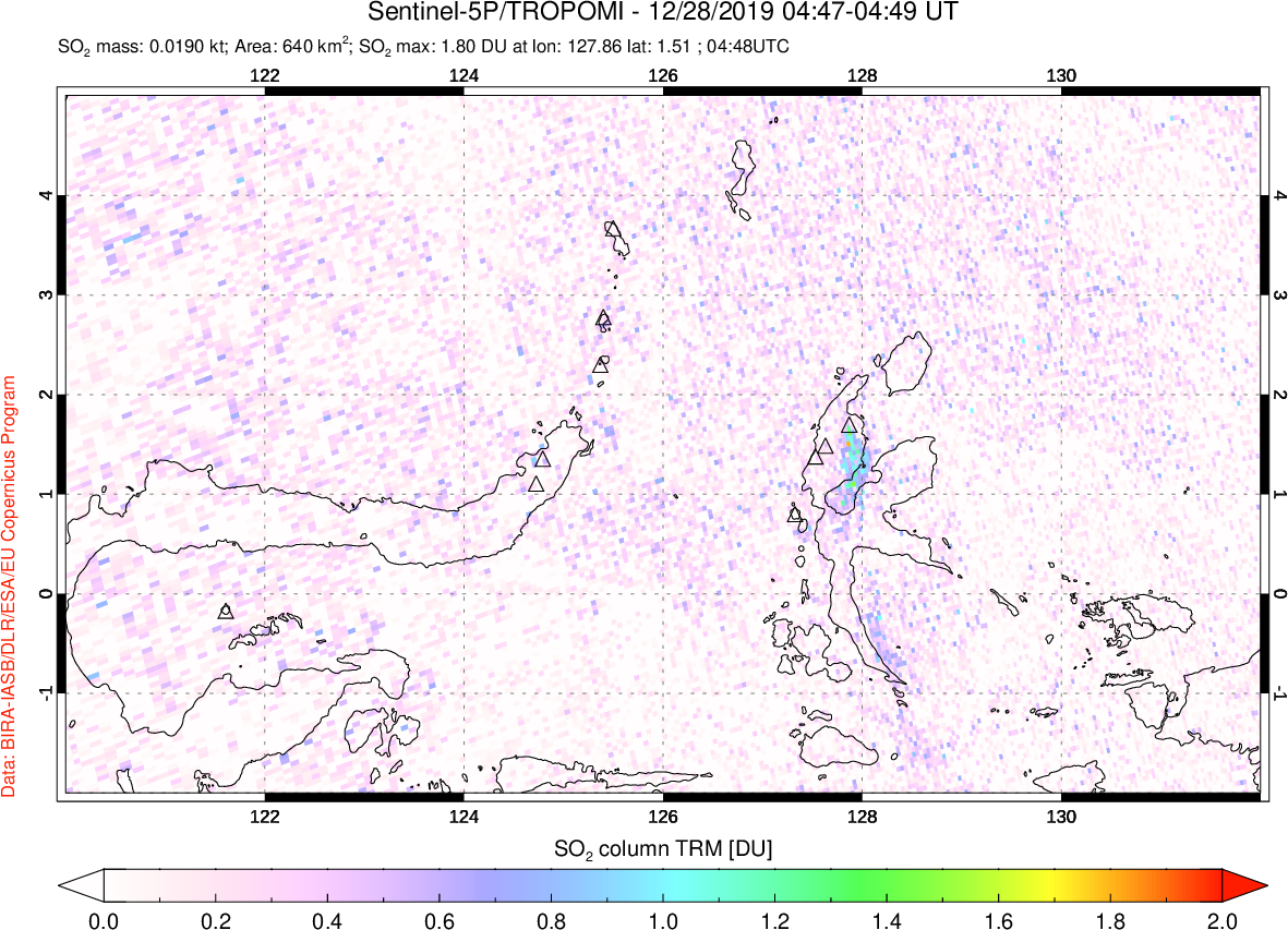 A sulfur dioxide image over Northern Sulawesi & Halmahera, Indonesia on Dec 28, 2019.