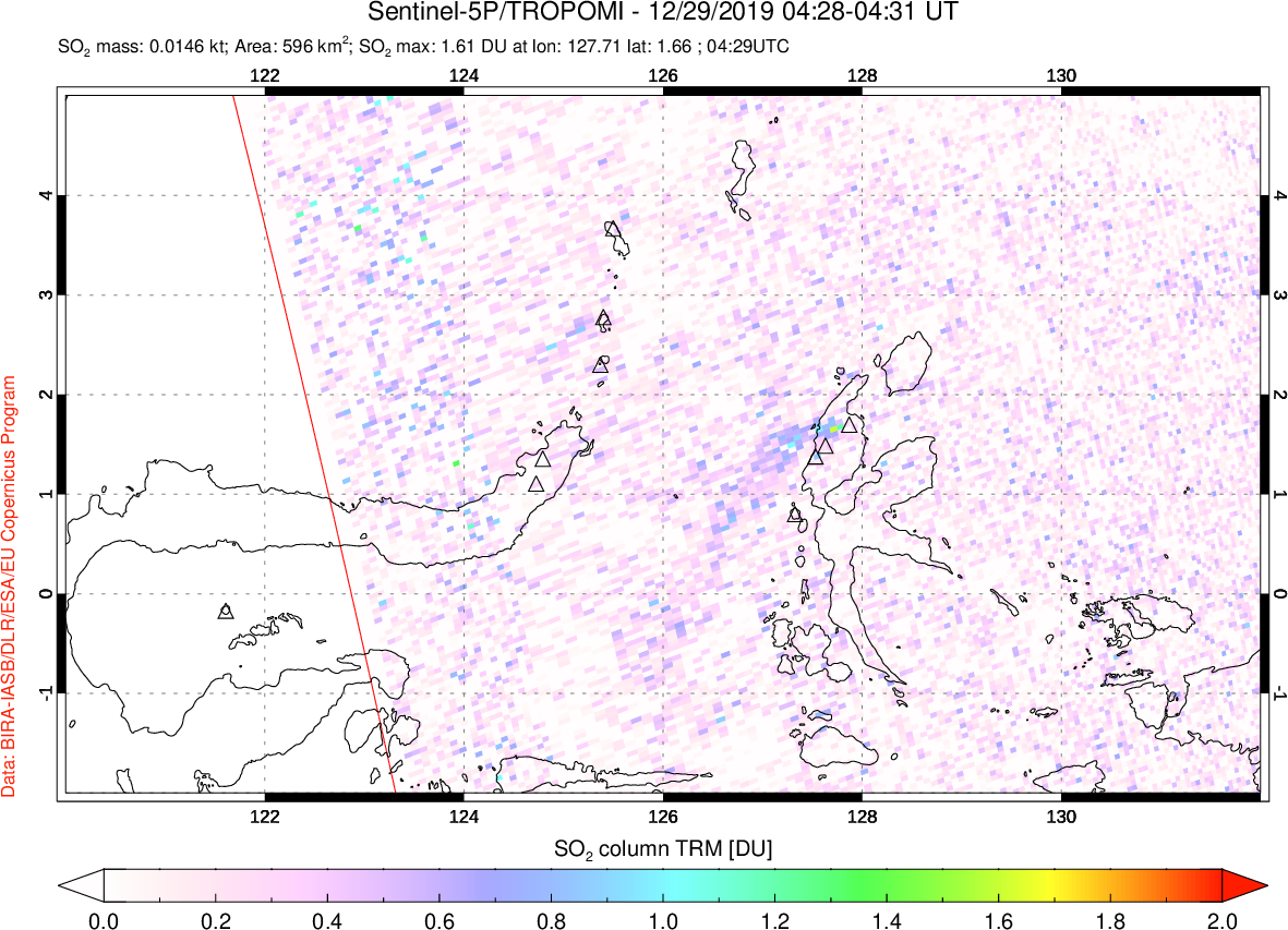 A sulfur dioxide image over Northern Sulawesi & Halmahera, Indonesia on Dec 29, 2019.