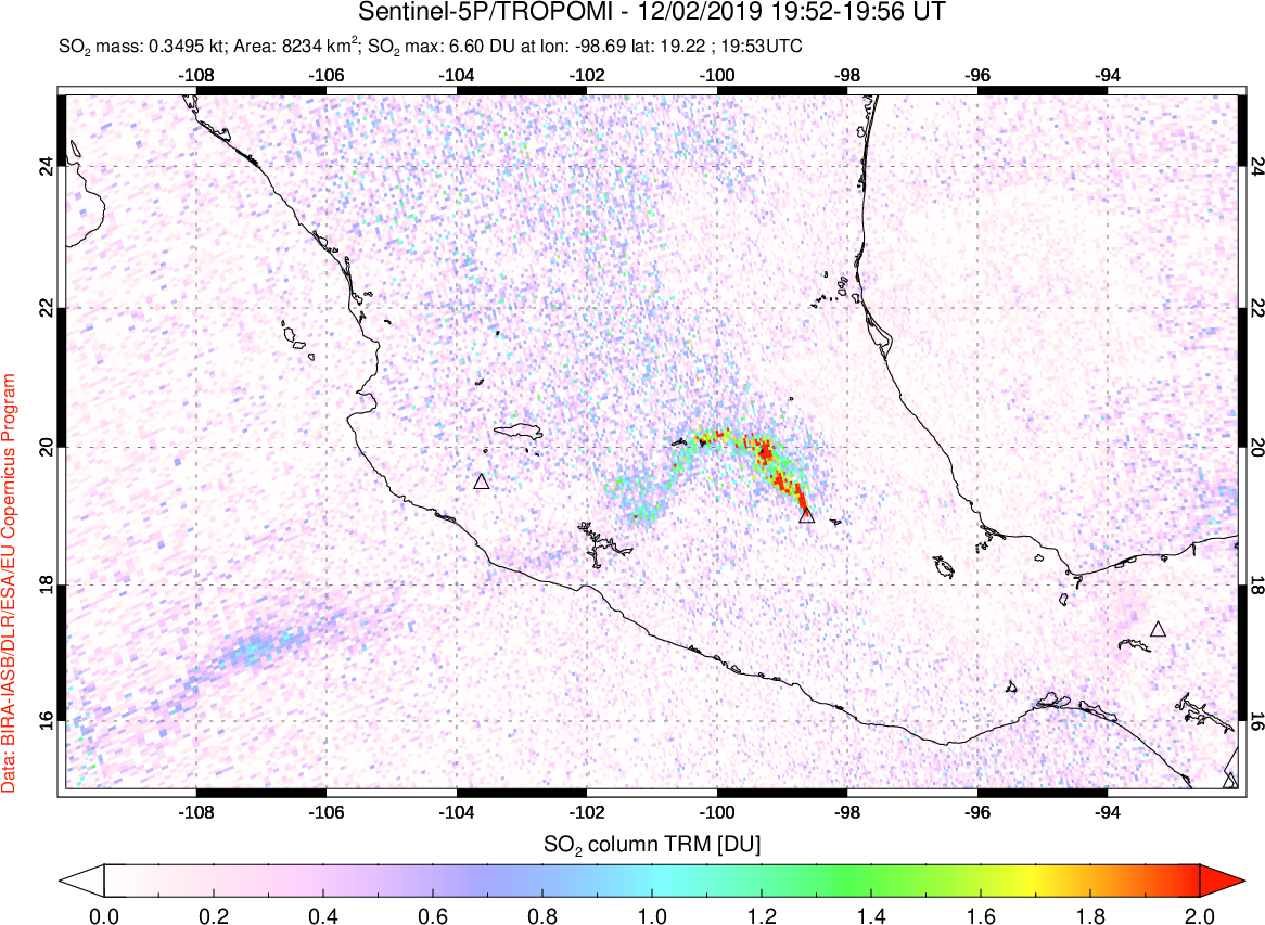 A sulfur dioxide image over Mexico on Dec 02, 2019.
