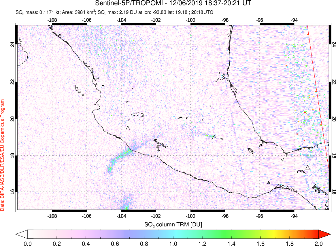A sulfur dioxide image over Mexico on Dec 06, 2019.