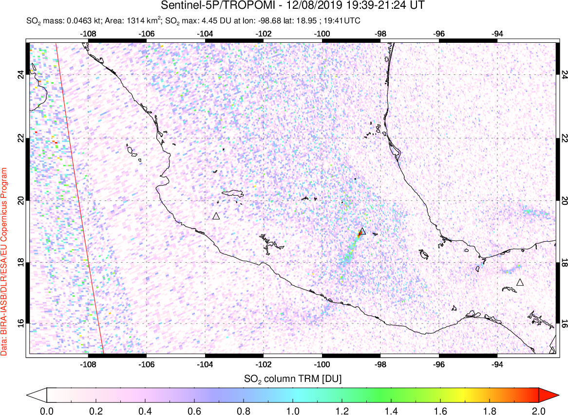A sulfur dioxide image over Mexico on Dec 08, 2019.