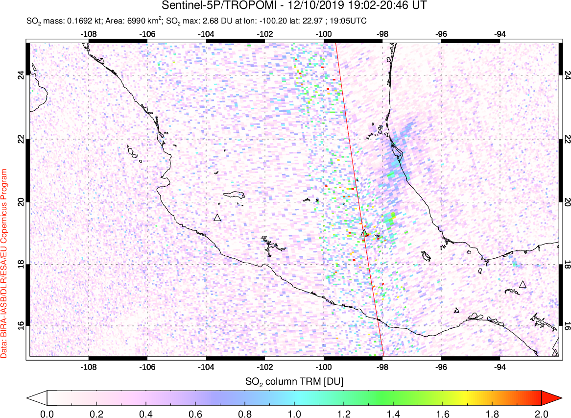 A sulfur dioxide image over Mexico on Dec 10, 2019.