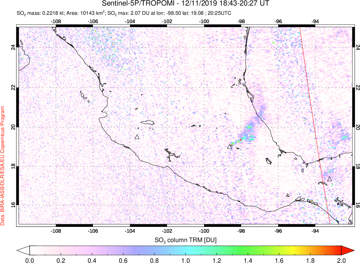 A sulfur dioxide image over Mexico on Dec 11, 2019.