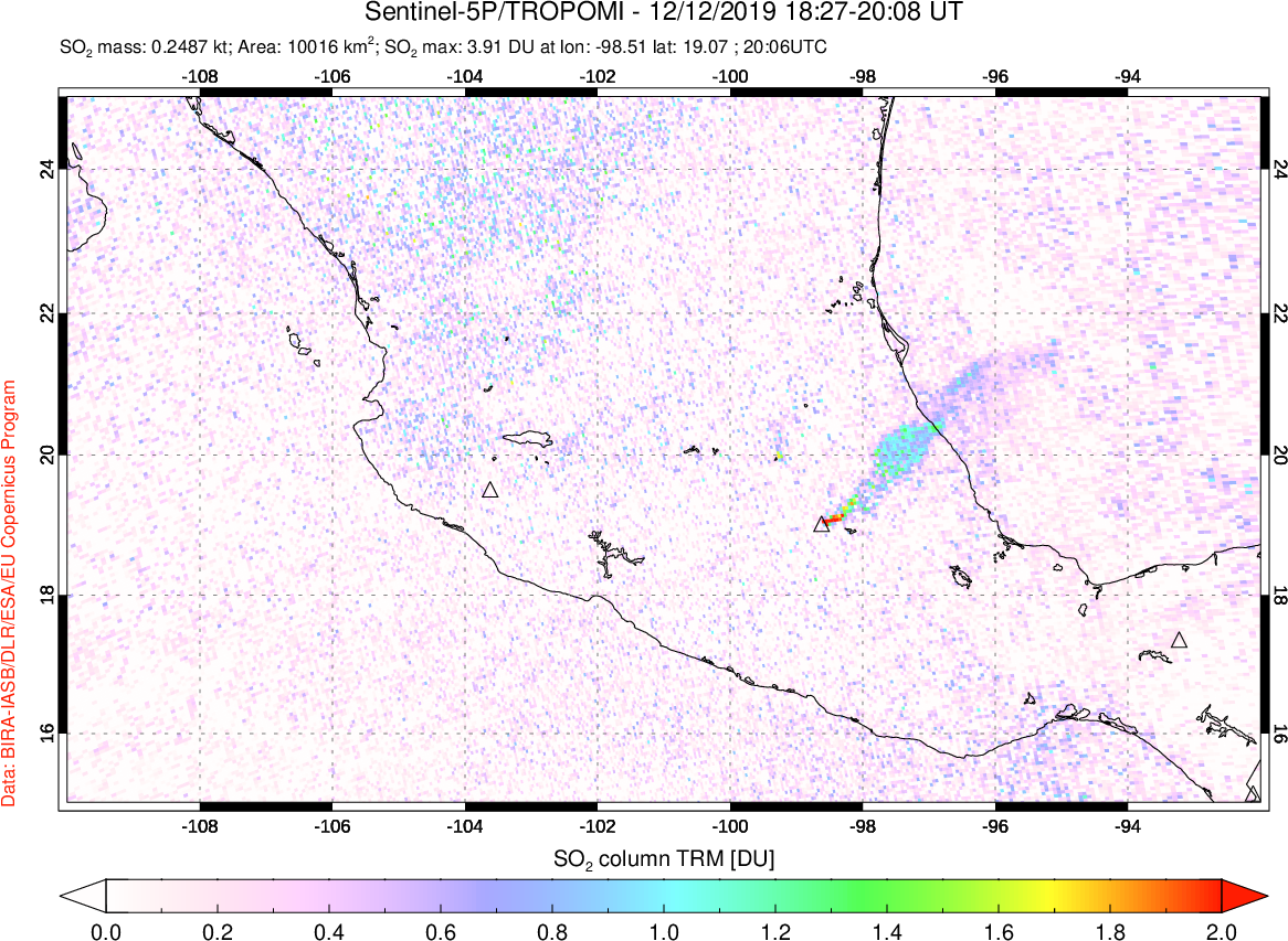 A sulfur dioxide image over Mexico on Dec 12, 2019.