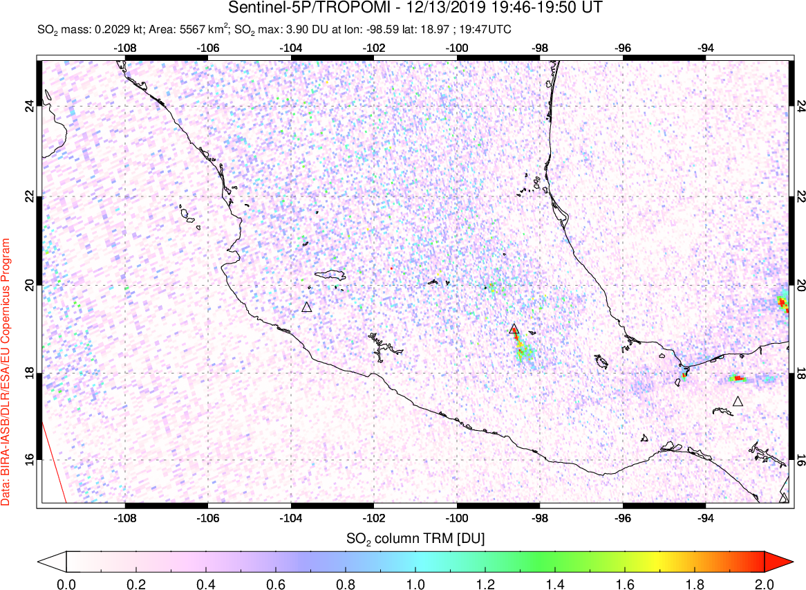 A sulfur dioxide image over Mexico on Dec 13, 2019.
