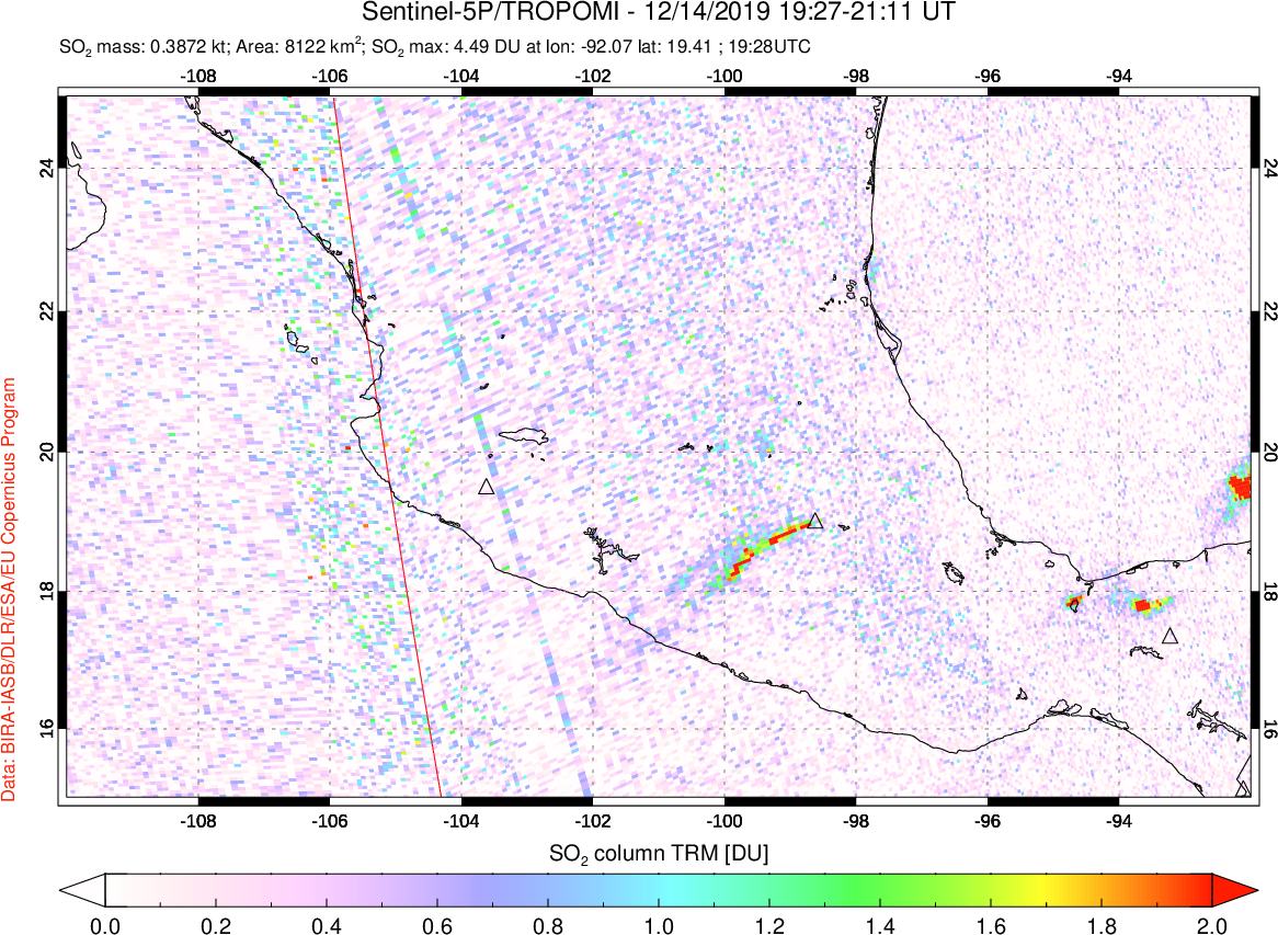 A sulfur dioxide image over Mexico on Dec 14, 2019.